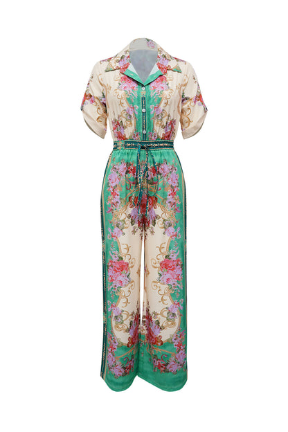 Floral Collared Wide Leg Jumpsuit