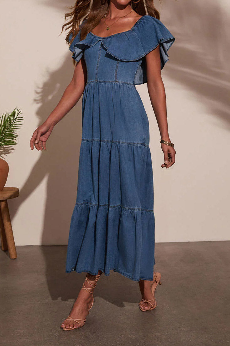 Off Shoulder Ruffle Tiered Denim Dress