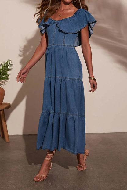 Off Shoulder Ruffle Tiered Denim Dress