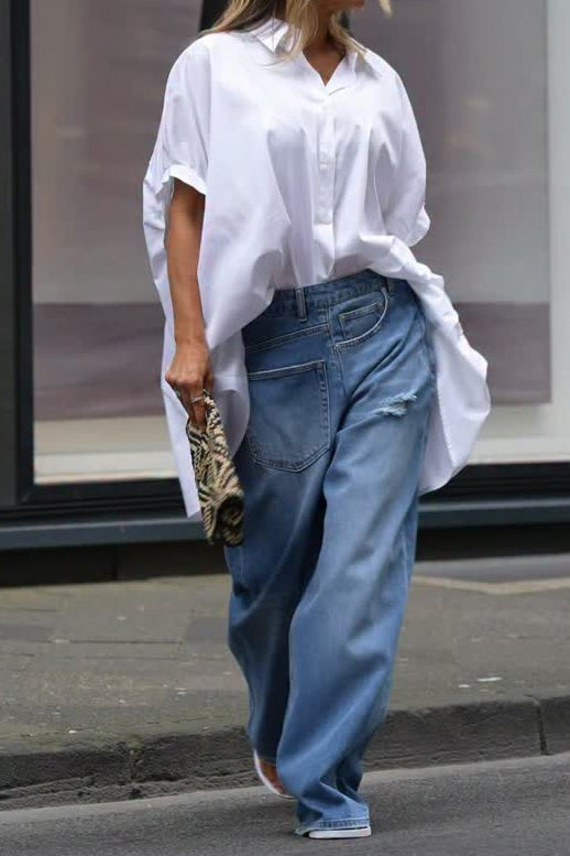 Distressed Patch Pocket Wide Leg Jeans