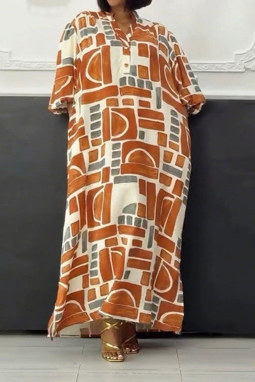 Print Buttons Basic V Neck Long Dresses