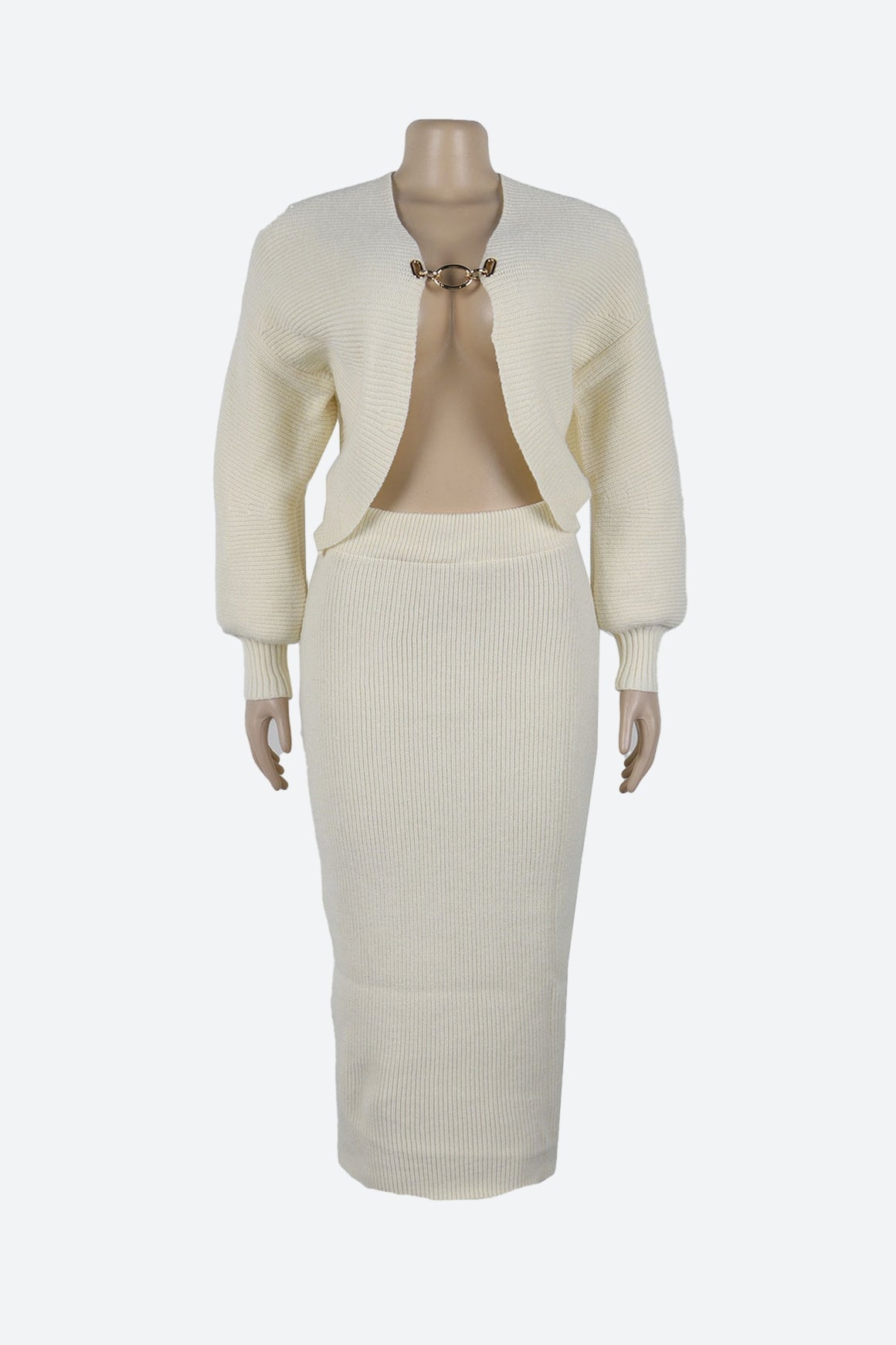 Lantern Sleeve Cardigan Midi Skirt Knit Set