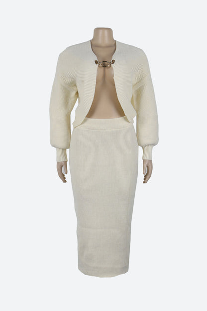 Lantern Sleeve Cardigan Midi Skirt Knit Set