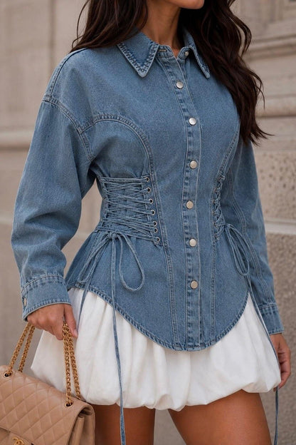 Lace-Up Waist Denim Shirt