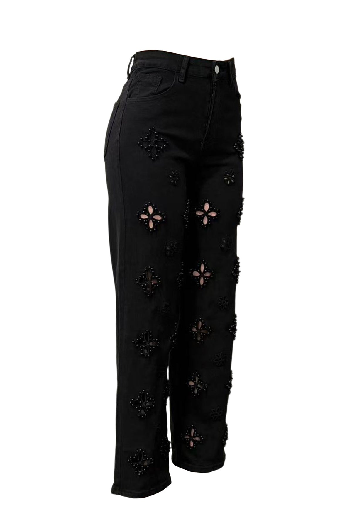 Pearl Embellished Floral Cutout Jeans
