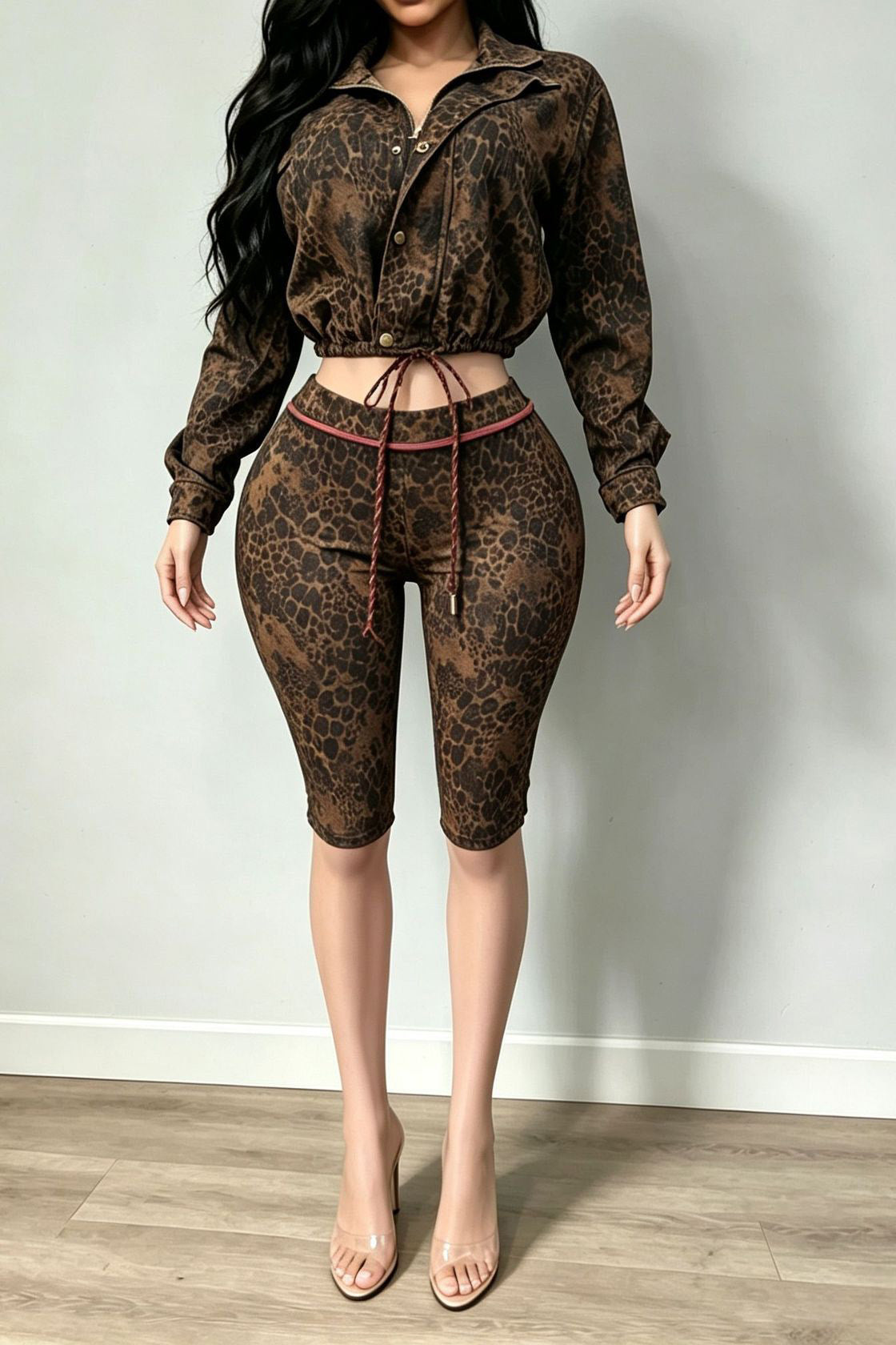 Leopard Cropped Jacket & Biker Short Set