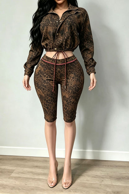 Leopard Cropped Jacket & Biker Short Set