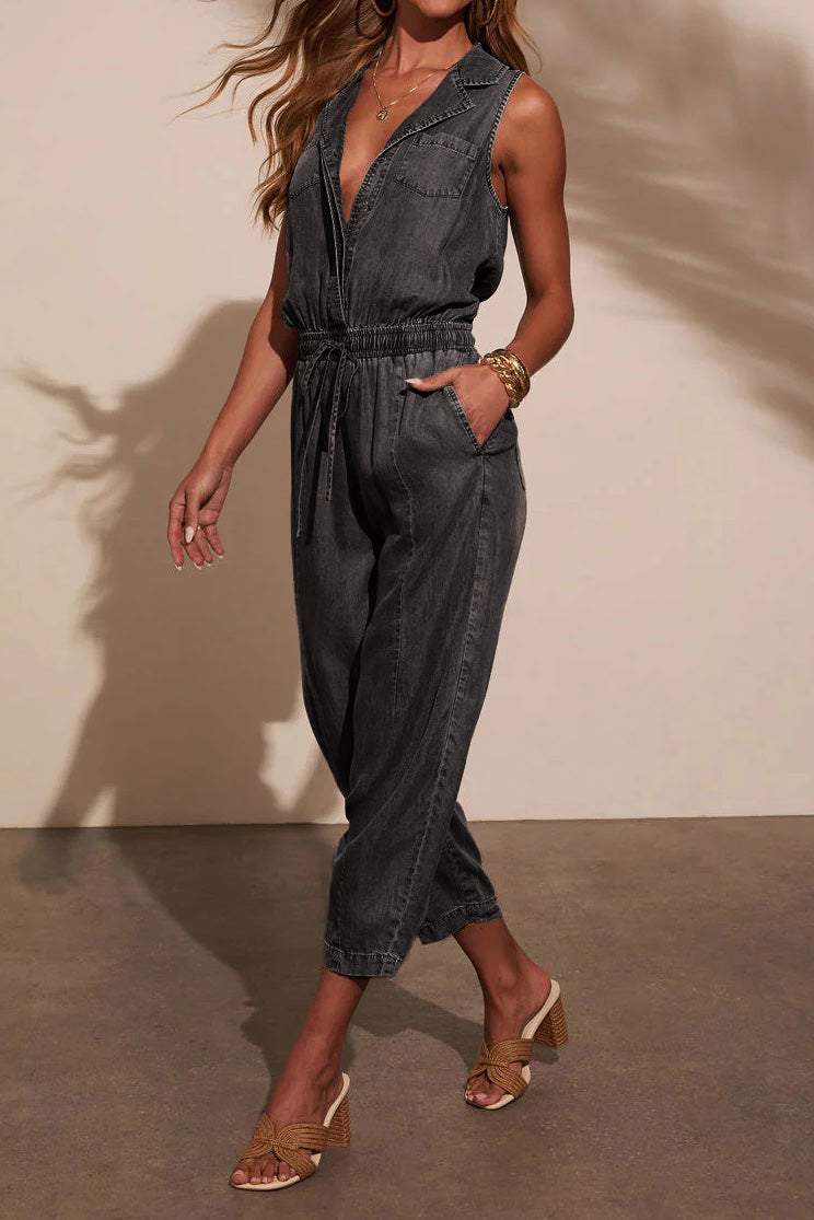 Sleeveless Drawstring Denim Utility Jumpsuit