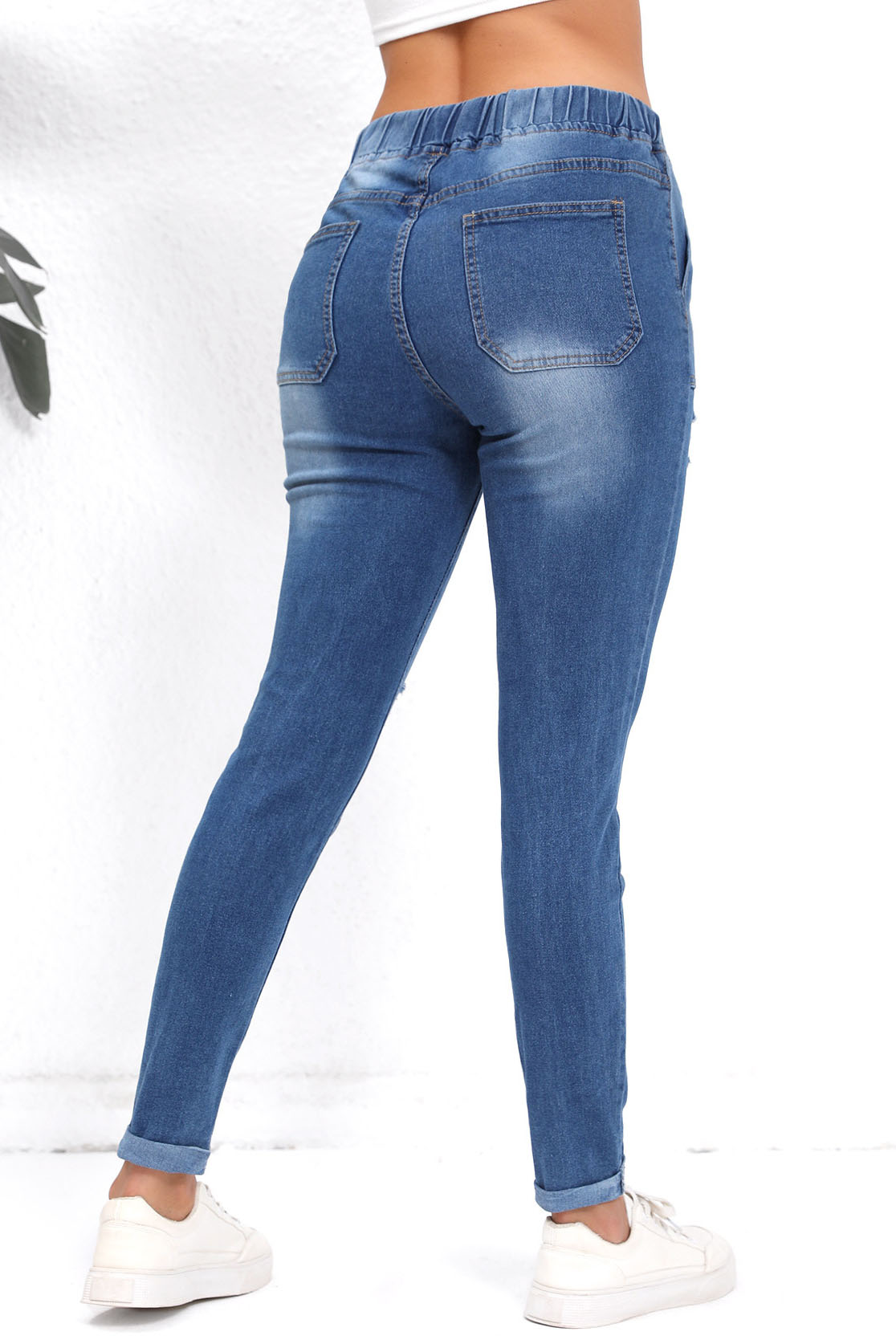 Drawstring Waist Ripped Roll Up Hem Skinny Jeans