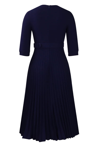 Pleated A-Line Blazer Midi Dress with Belt
