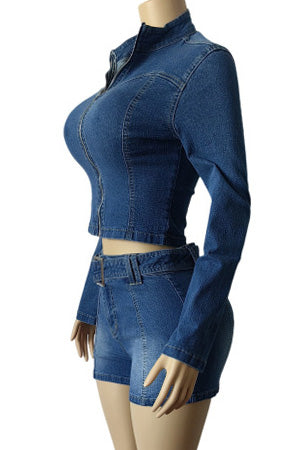 Washed Denim Zip Up Top & Shorts Set