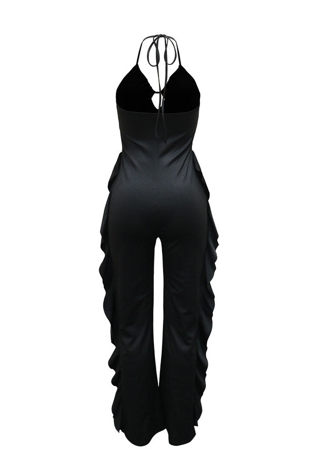 Ruffle-Trim Halter Wide-Leg Jumpsuit