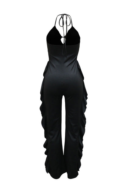 Ruffle-Trim Halter Wide-Leg Jumpsuit