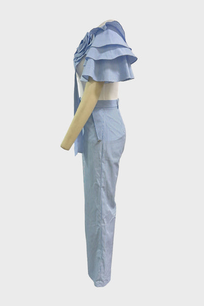 Single Ruffle Sleeve T-Shirt Striped Pants Set