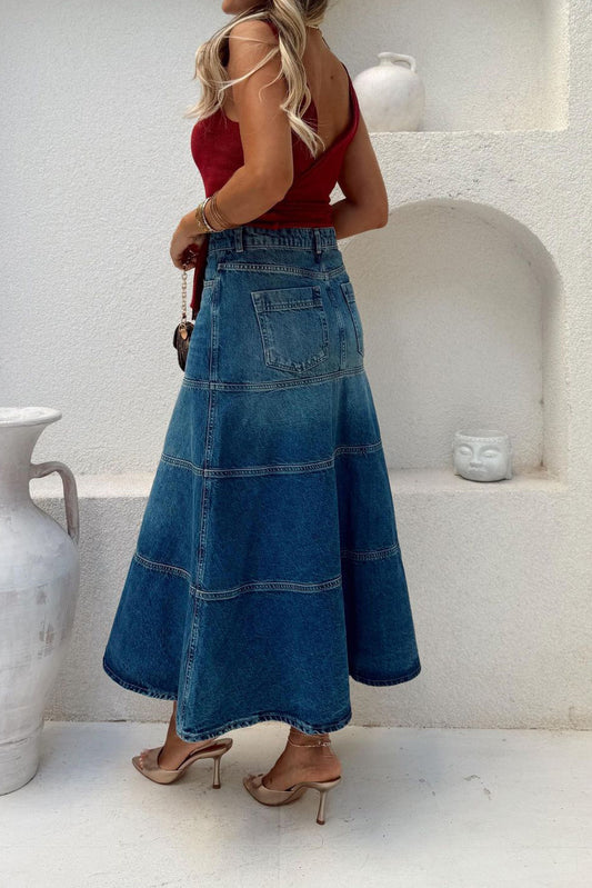 Tiered A-Line Denim Midi Skirt