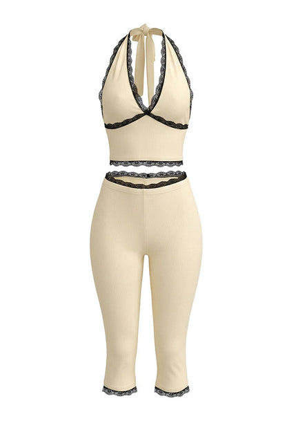 Lace Trim Ribbed Capri Set