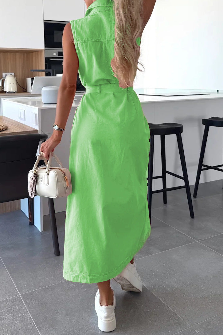 Sleeveless Belted Utility Maxi Shirt Dress