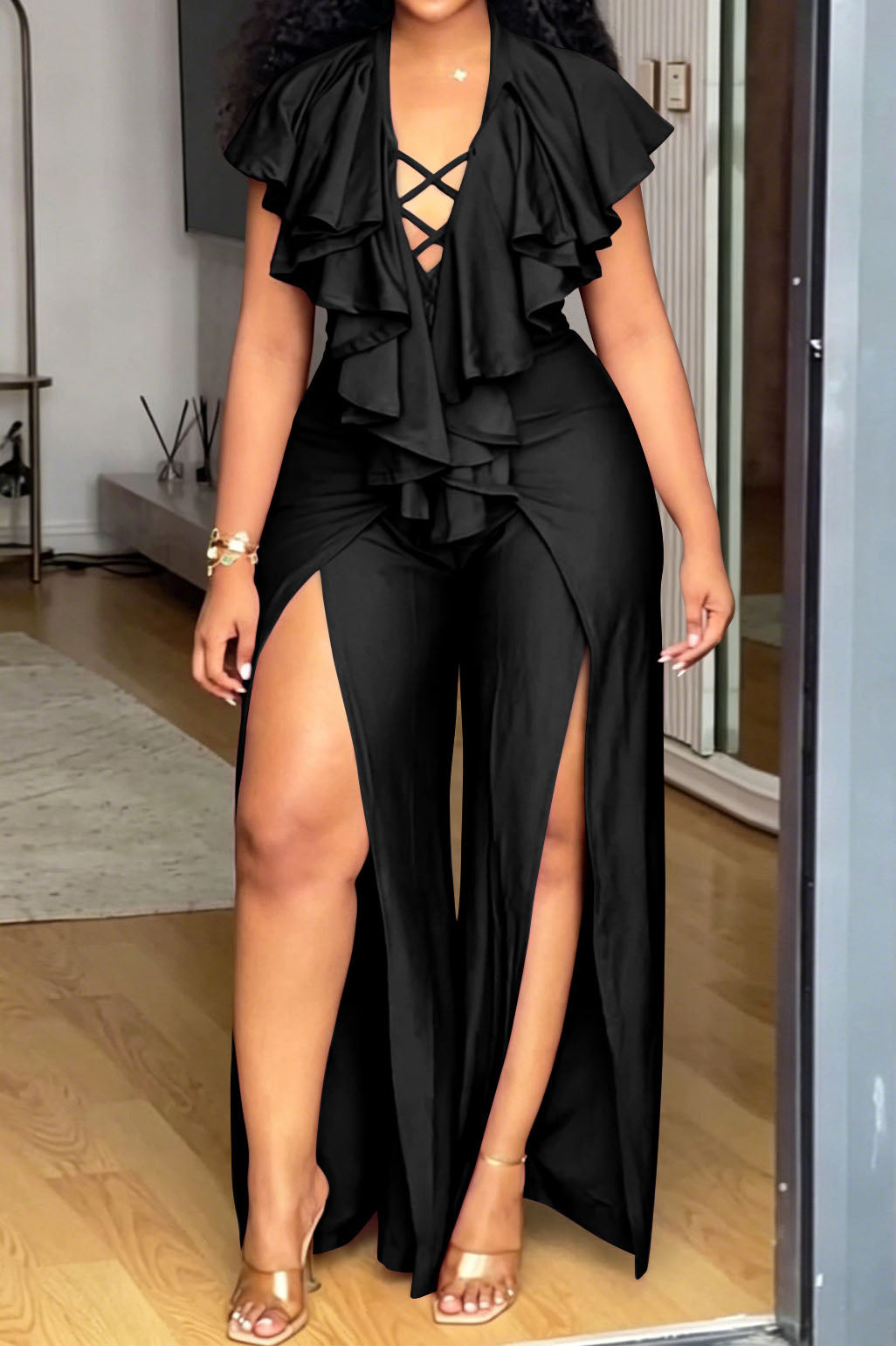 Ruffle Lace-Up High Slit Jumpsuit