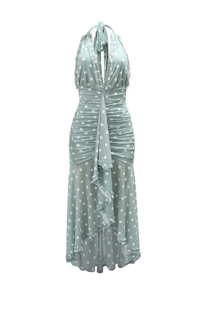 Plunging Halter Ruched Ruffle Maxi Dress