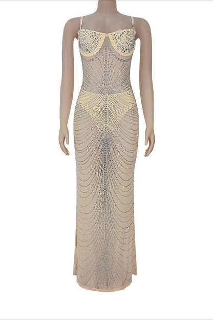 Sheer Rhinestone Bustier Maxi Dress