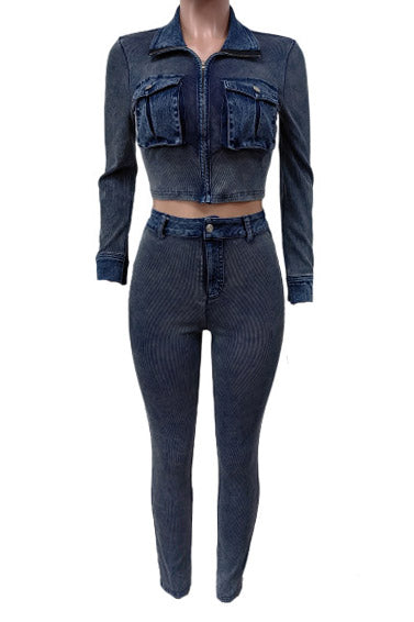 Ribbed Stretch Denim Two Piece Set