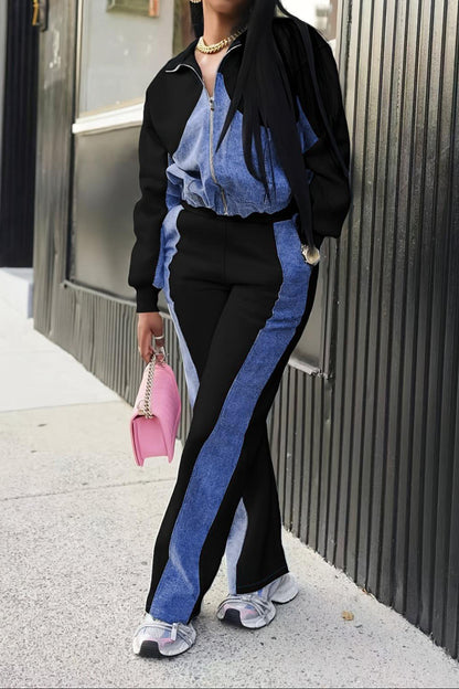 Denim Patchwork Jacket & Long Pant Set