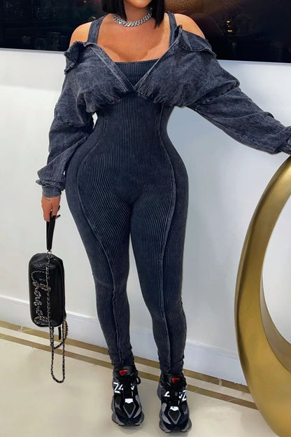Off-Shoulder Mineral Wash Ribbed Jumpsuit