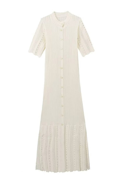 Collared Buttoned Short Sleeve Knit Midi Dress