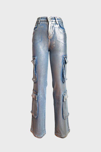 Hot Silver Elastic Cargo Jeans