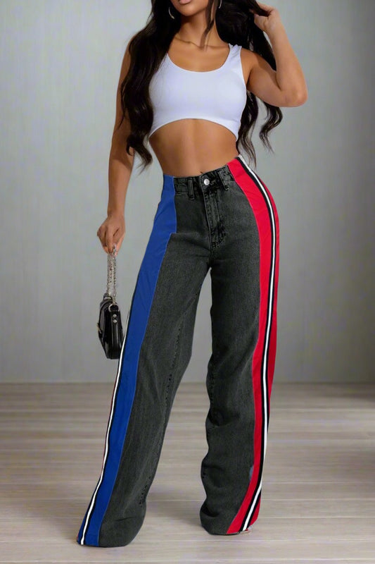 Wide Jeans with Wide Contrast Side Lines-Black
