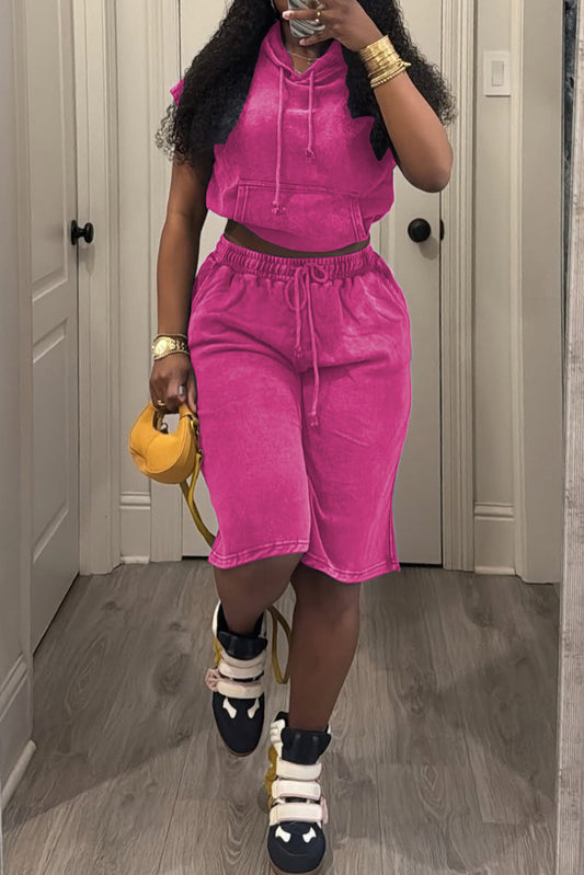 Acid Wash Cropped Hoodie & Shorts Set