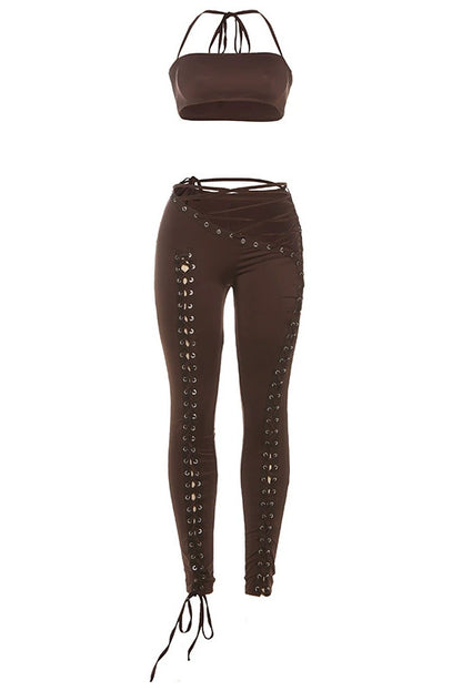 Crop Top and Lace-Up Pants 2-Piece Set