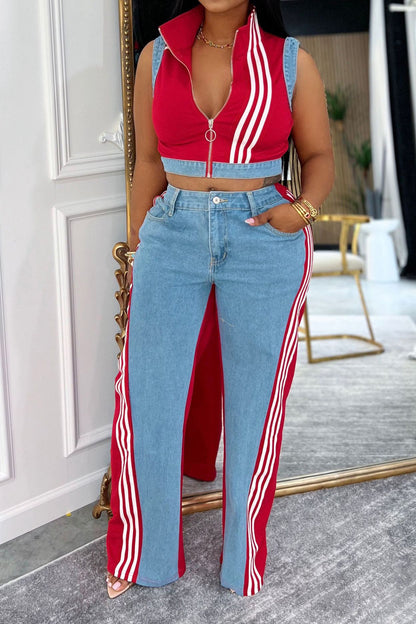 Sporty Striped Denim Crop Vest & Jeans Set