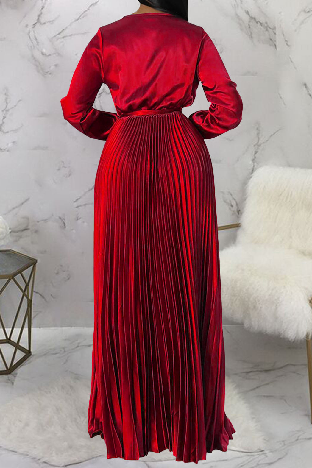 Faux Silk Pleated Tie-Waist Maxi Dress