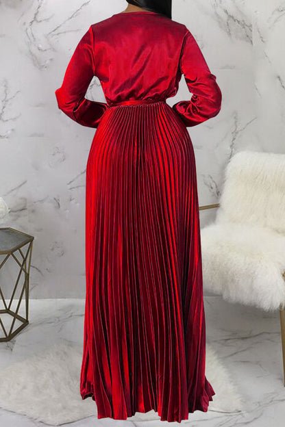 Faux Silk Pleated Tie-Waist Maxi Dress