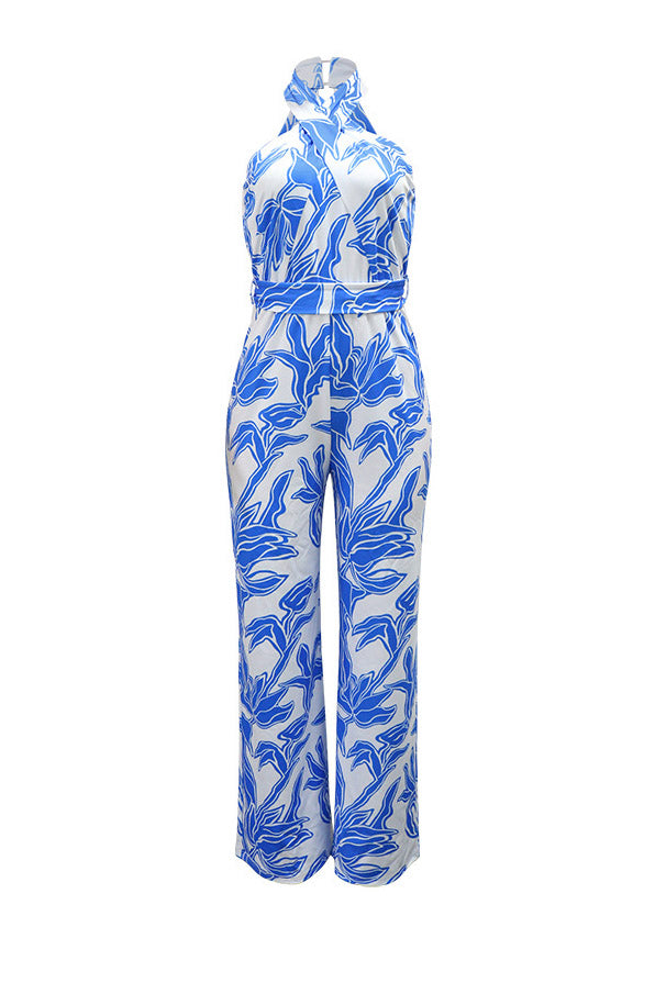 Floral Halter Tie Waist Wide Leg Jumpsuit