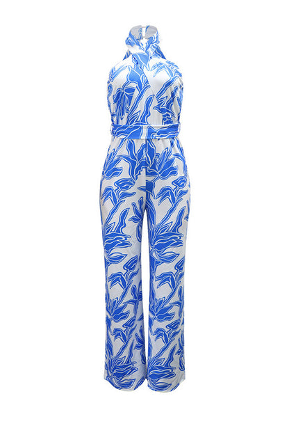 Floral Halter Tie Waist Wide Leg Jumpsuit