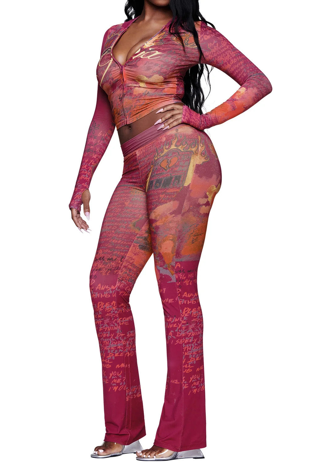Printed Zip Hoodie & Flared Pant Set