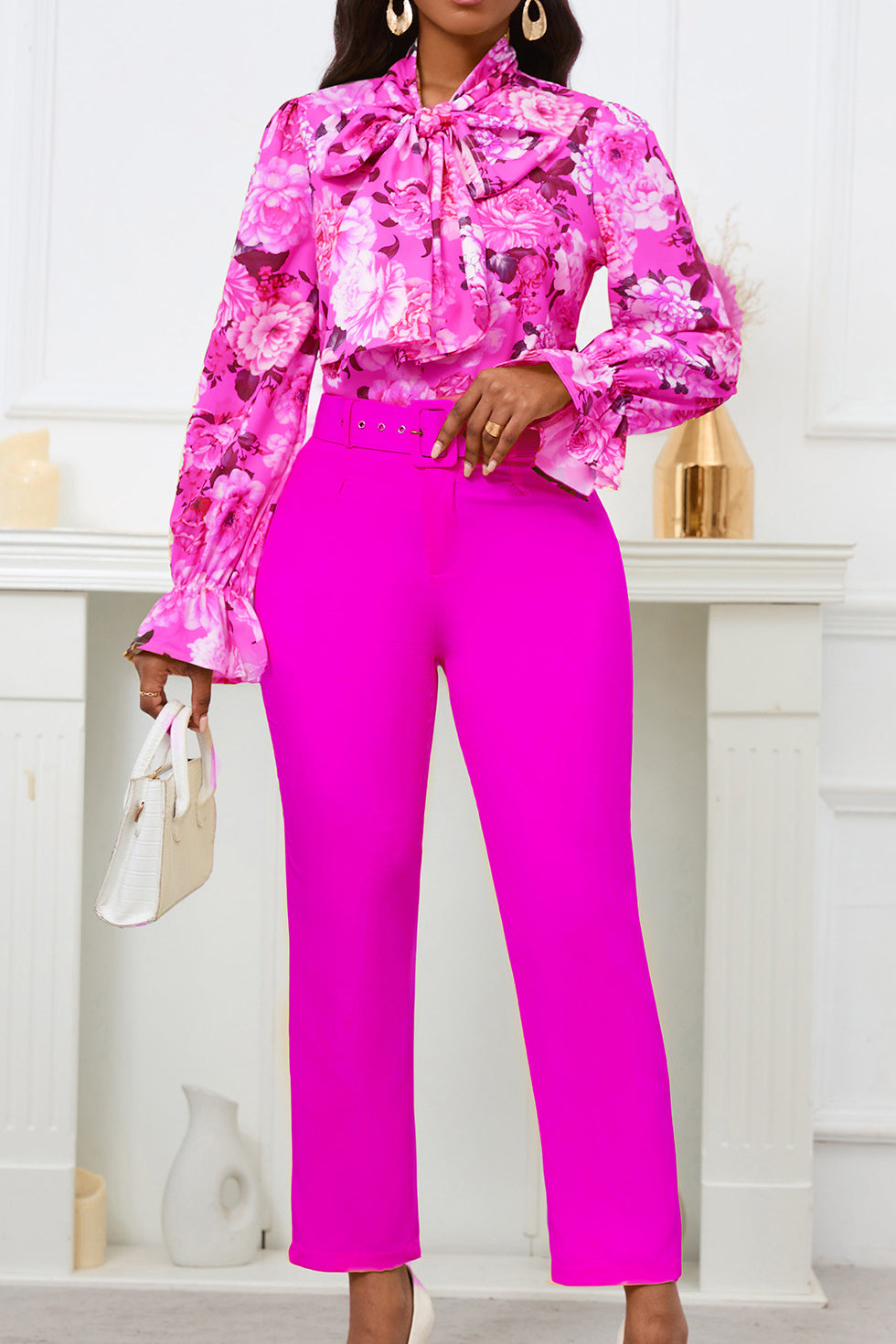 Floral Printing Blouse Solid Color Pants Set