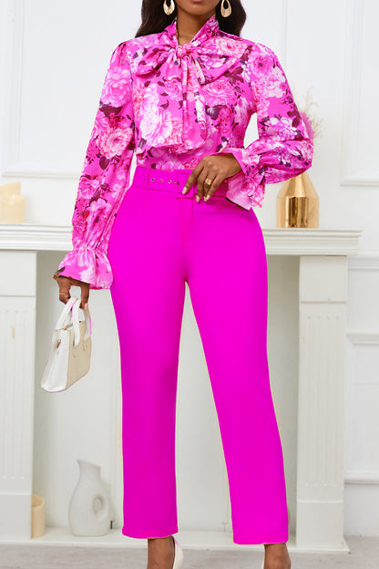 Floral Printing Blouse Solid Color Pants Set