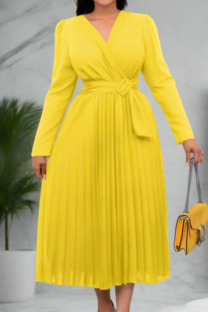 V Neck Long Sleeve Pleated Midi Dress
