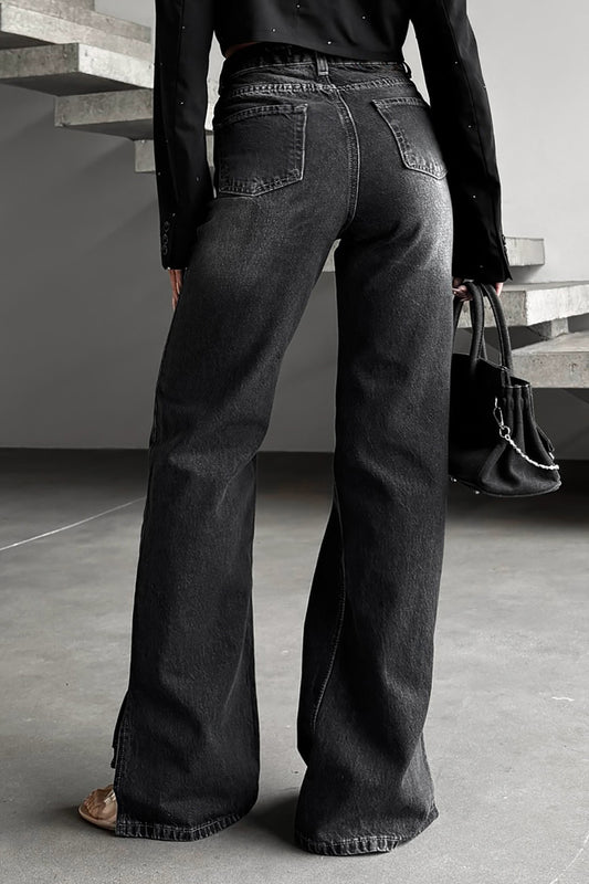Asymmetric Cross-Waist Slit Hem Straight Jeans
