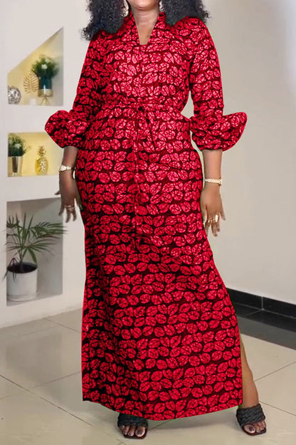 Print Slit V Neck Long Dresses