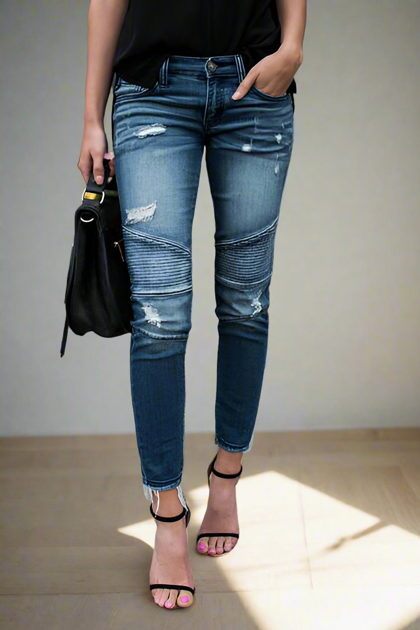 Skinny Ripped Pleated Stretch Denim Jeans
