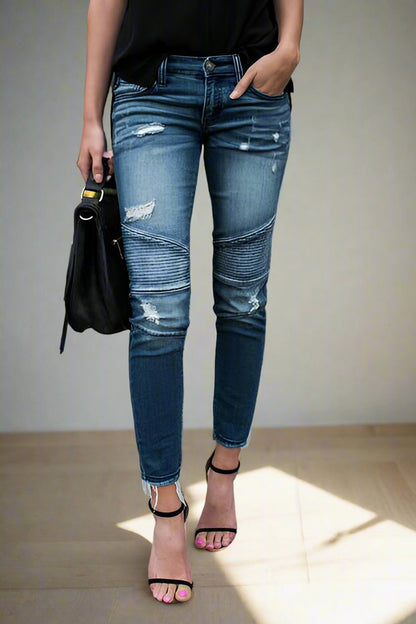 Skinny Ripped Pleated Stretch Denim Jeans