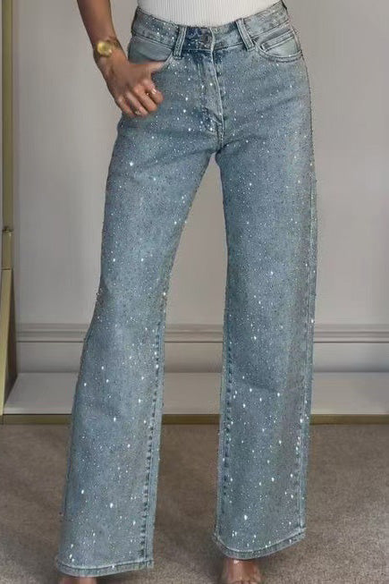 Wide-Leg High-Waist Rhinestone Jeans
