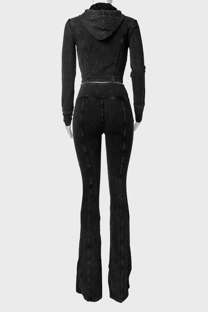 Washed Distressed Hooded Flare Pant Sets