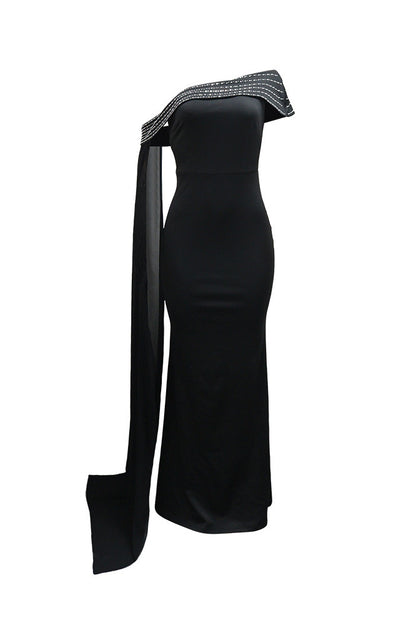 Rhinestone Cape One Shoulder Maxi Dress