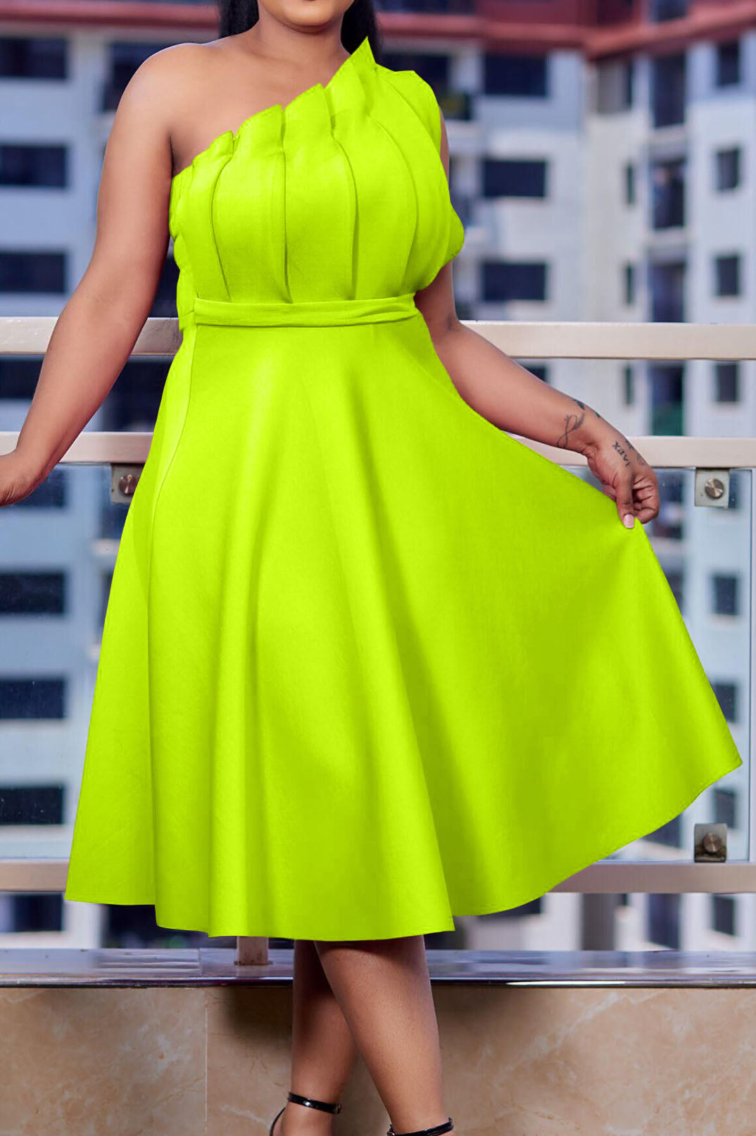 Pleated Asymmetric Cut Long Dress