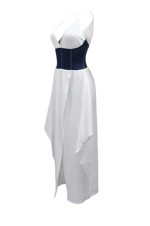 Slim Fit Denim Patchwork Deep V Slit Dress